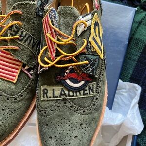 Polo by Ralph Lauren Olive Green Suede Wingtip Sneakers with Yellow Laces